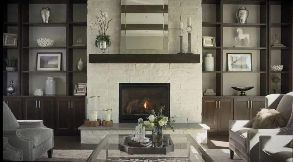 Fireplace wall finished with La Quanta natural stone veneer